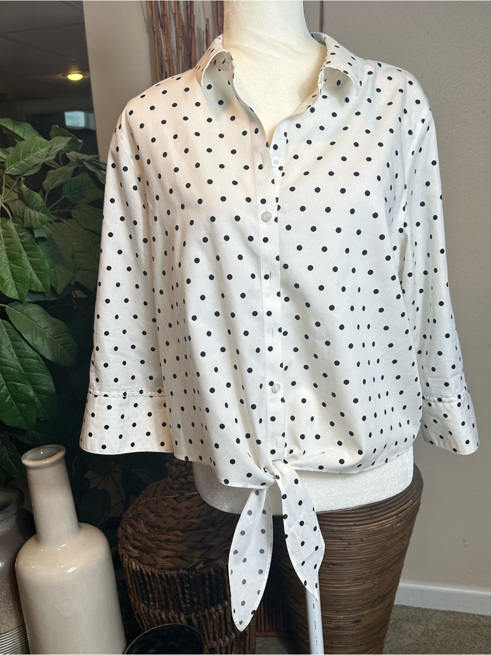 Chico's White Button-Down Shirt with Black Polka Dots and Tie Front